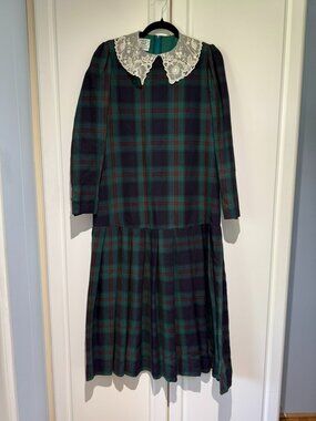 Vintage 1980s Laura Ashley Plaid Dress | Lace Collar | Made in Great Britain